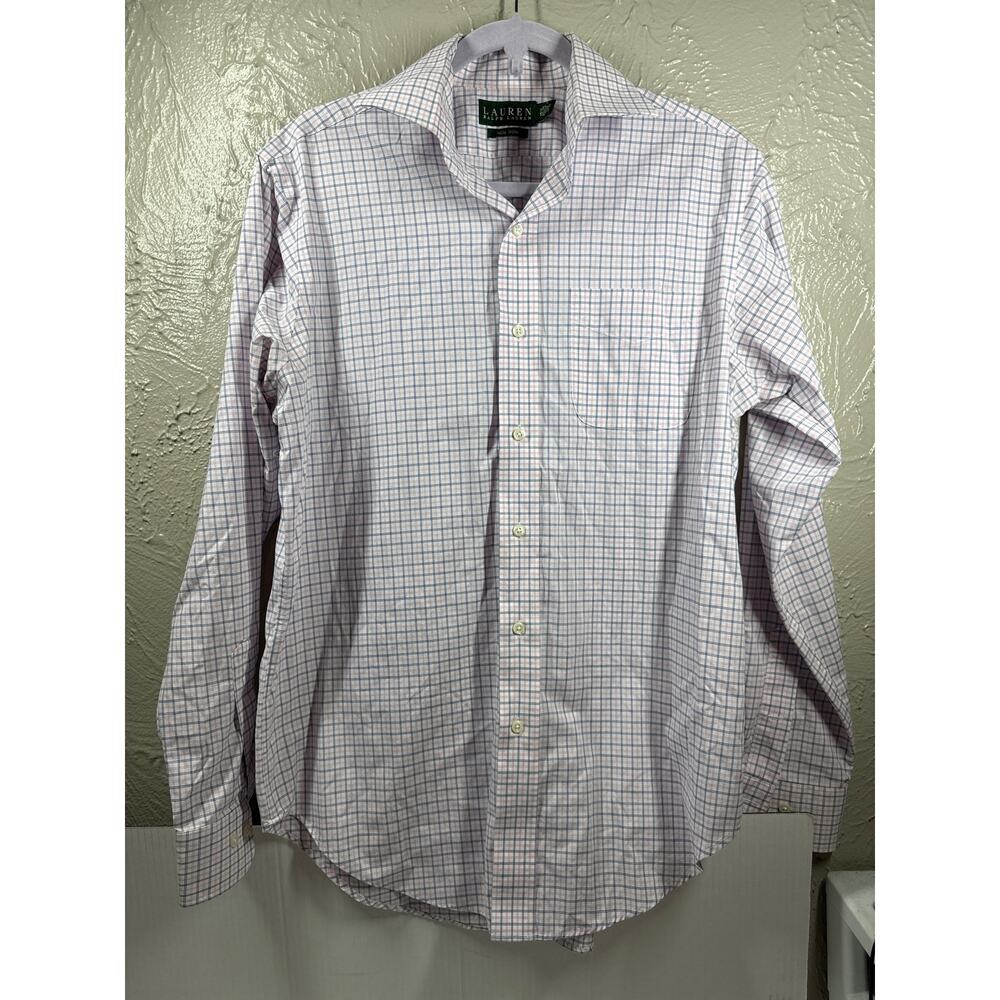 Lauren‎ by Ralph Lauren Dress Shirt Size 15 1/2 34/35 No Iron Check Pink Blue